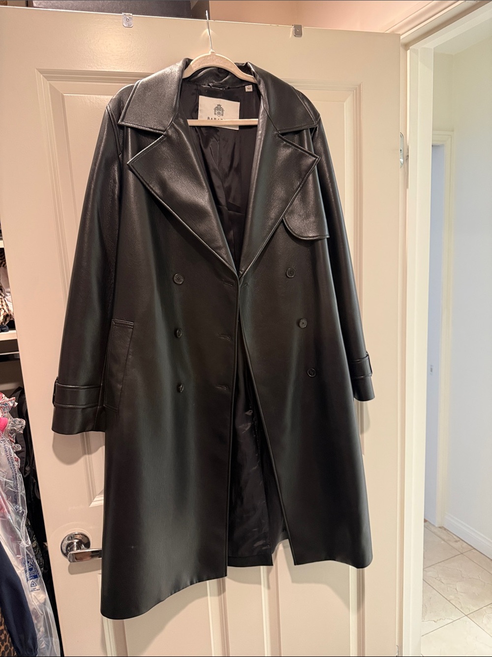 Black Vegan Leather Double-Breasted Trench Coat - Women